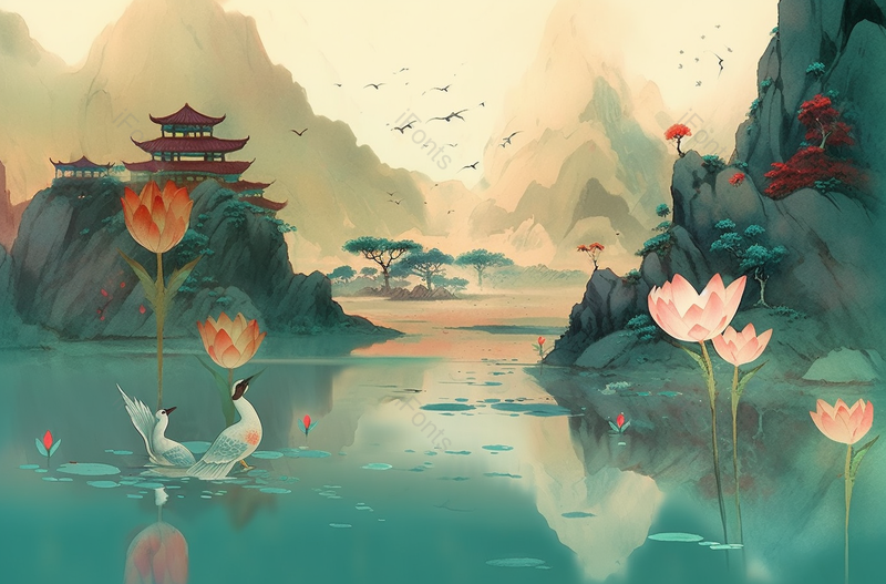 青绿山水湖面仙鹤水墨画背景,插画/手绘图,插画/手绘图库,插画/手绘图下载,插画/手绘